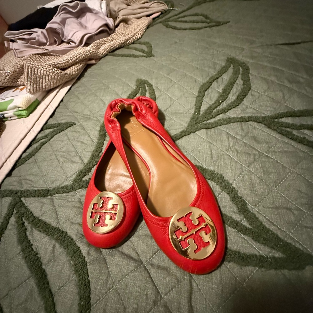 Tory Burch Red Flats with Gold Emblem